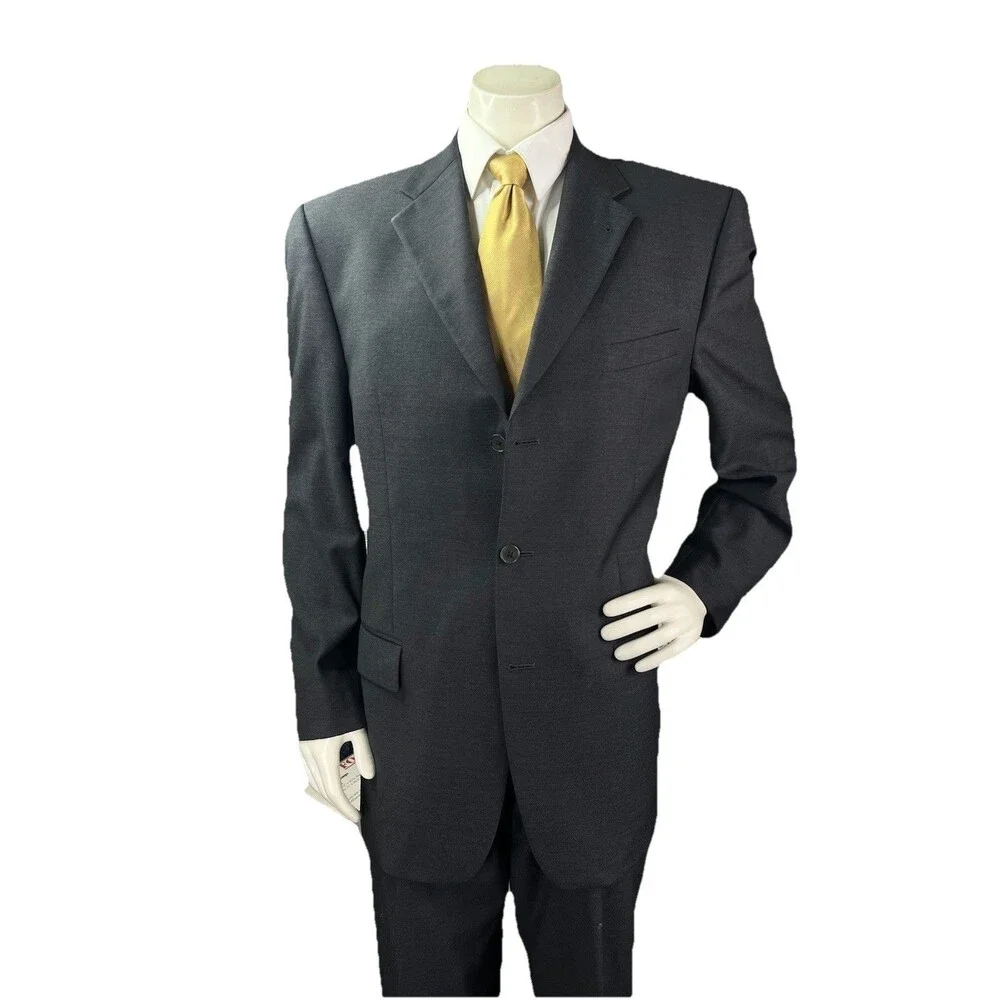 Joseph Abboud Men’s 40L 34x32 2pc Suit Super 100s Wool Pleated Cuffed Black